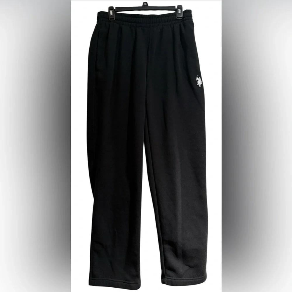 US Polo Assn Joggers Mens Sz M Black Fleece Sweat Pants white Logo